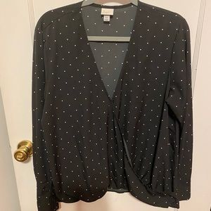 Black and white polka dot faux wrap dress shirt
